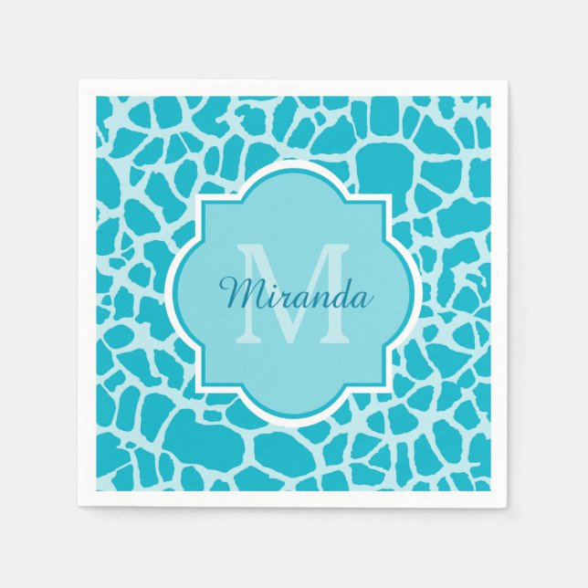 Modern Turquoise Giraffe Print Monogram With Name Napkin (Front)