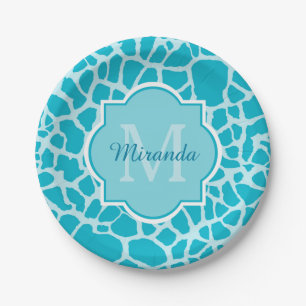 Modern Turquoise Giraffe Print Monogram With Name Paper Plate