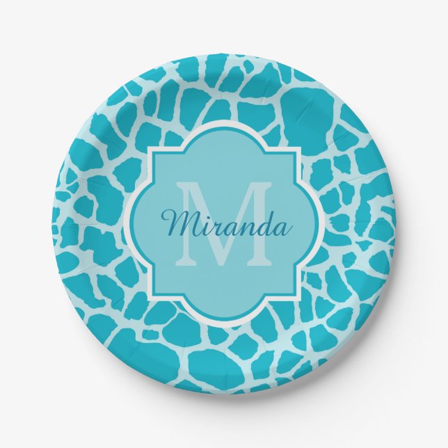 Modern Turquoise Giraffe Print Monogram With Name Paper Plate (Front)