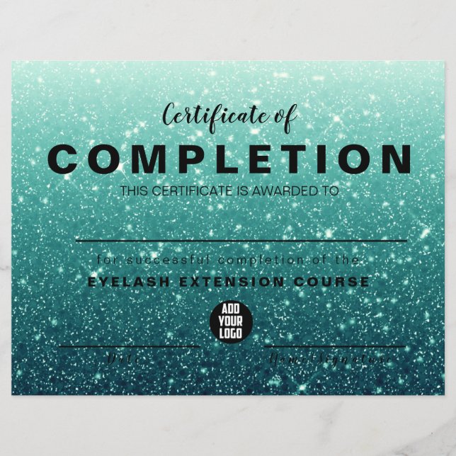Modern Turquoise Glitter Certificate of Completion (Front)