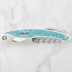 Modern turquoise glitter monogram name Corkscrew