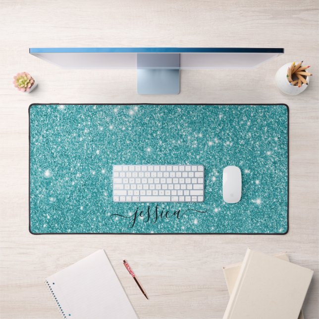 Modern turquoise glitter script name desk mat (Office 1)