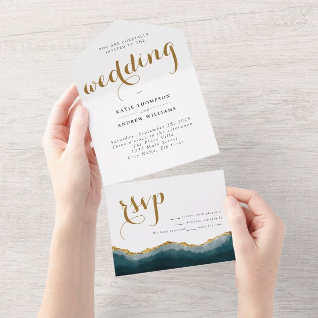 Modern Turquoise Gold Agate Calligraphy Wedding All In One Invitation (Tearaway)