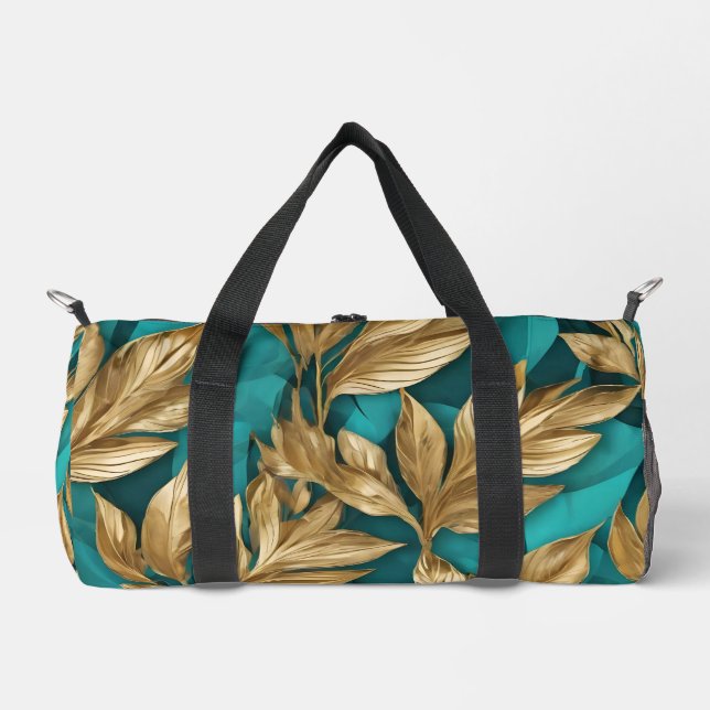 Modern Turquoise Gold Boho Leaves Collection Duffle Bag (Front)