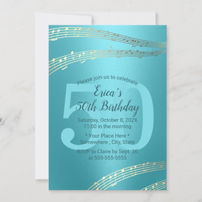Modern Turquoise & Gold Music 50th Birthday Invitation (Front)