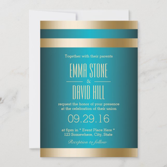 Modern Turquoise Gold Stripes Wedding Invitations (Front)