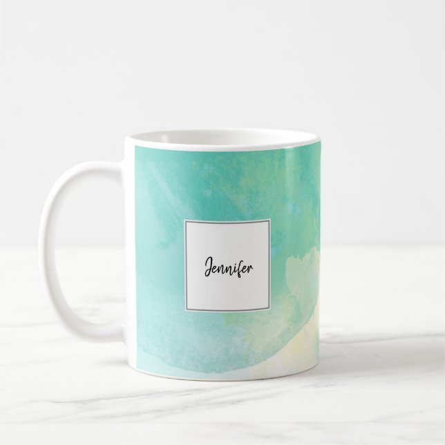 Modern turquoise gold watercolor monogram name coffee mug (Left)