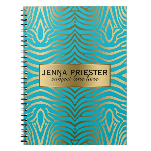 Modern Turquoise & Gold Zebra Stripes Pattern Notebook (Front)