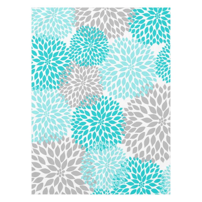 Modern turquoise grey floral tablecloth, dahlias tablecloth (Front)