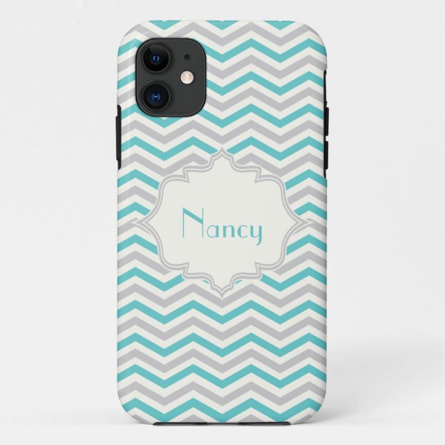Modern turquoise, grey, ivory chevron custom Case-Mate iPhone case (Back)