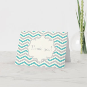 Modern turquoise, grey, ivory chevron pattern thank you card