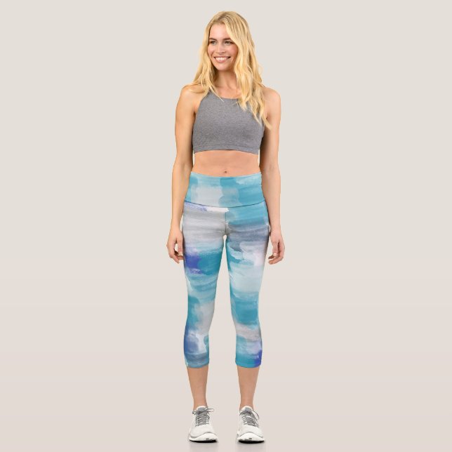 Modern Turquoise & Grey Watercolor Abstract Art Capri Leggings (Front)