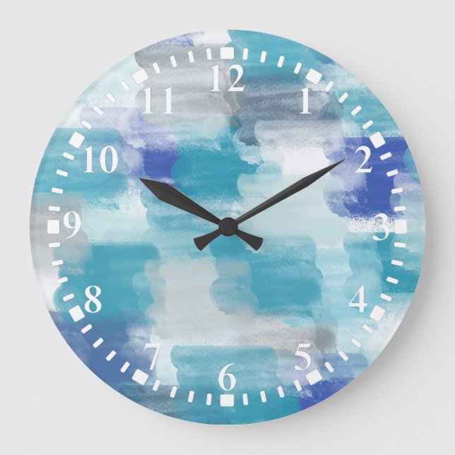 Modern Turquoise & Grey Watercolor Abstract Art   Large Clock (Front)