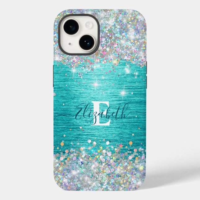 Modern Turquoise Holographic Faux Glitter Monogram Case-Mate iPhone Case (Back)