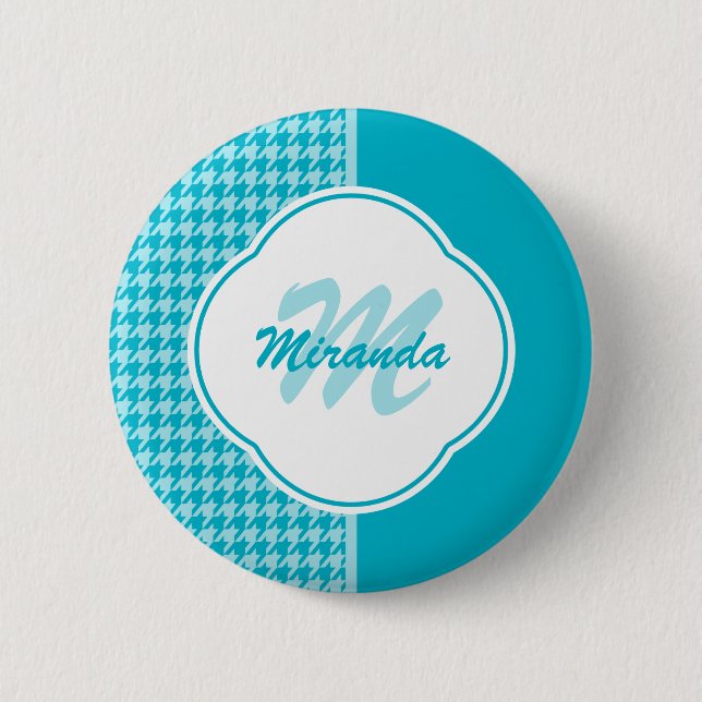 Modern Turquoise Houndstooth Monogram and Name 6 Cm Round Badge (Front)