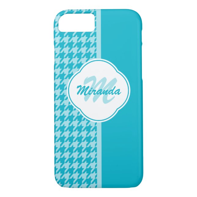 Modern Turquoise Houndstooth Monogram and Name Case-Mate iPhone Case (Back)