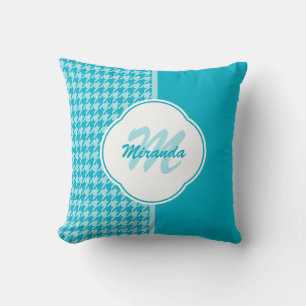 Modern Turquoise Houndstooth Monogram and Name Cushion