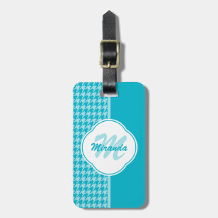 Modern Turquoise Houndstooth Monogram and Name Luggage Tag