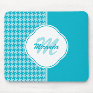 Modern Turquoise Houndstooth Monogram and Name Mouse Mat