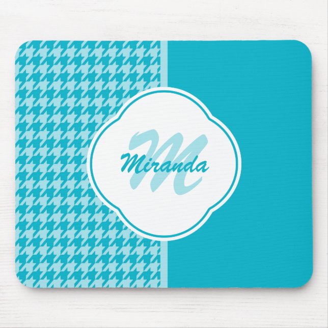 Modern Turquoise Houndstooth Monogram and Name Mouse Mat (Front)