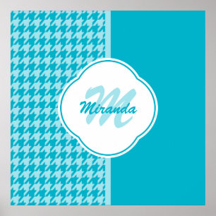 Modern Turquoise Houndstooth Monogram and Name Poster