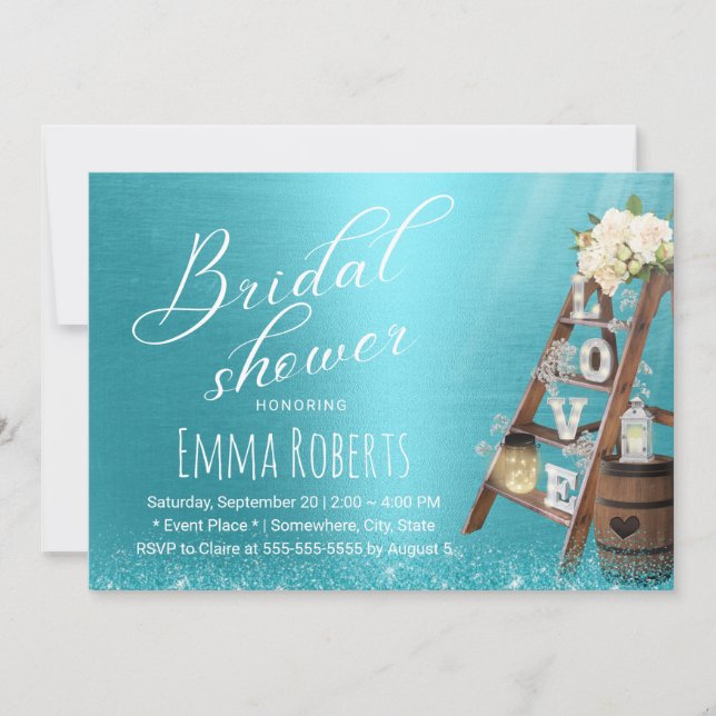 Modern Turquoise Love Wood Ladder Bridal Shower Invitation (Front)
