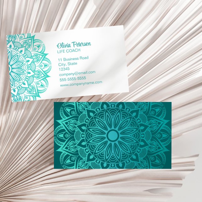 Modern Turquoise Mandala Life Coach Business Card (Modern Turquoise Mandala Life Coach Business Card on a dry palm leaf.)