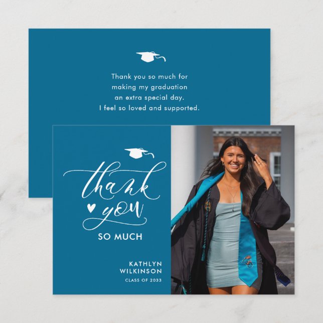 Modern Turquoise Minimalist Photo Graduation Thank You Card (Front/Back)