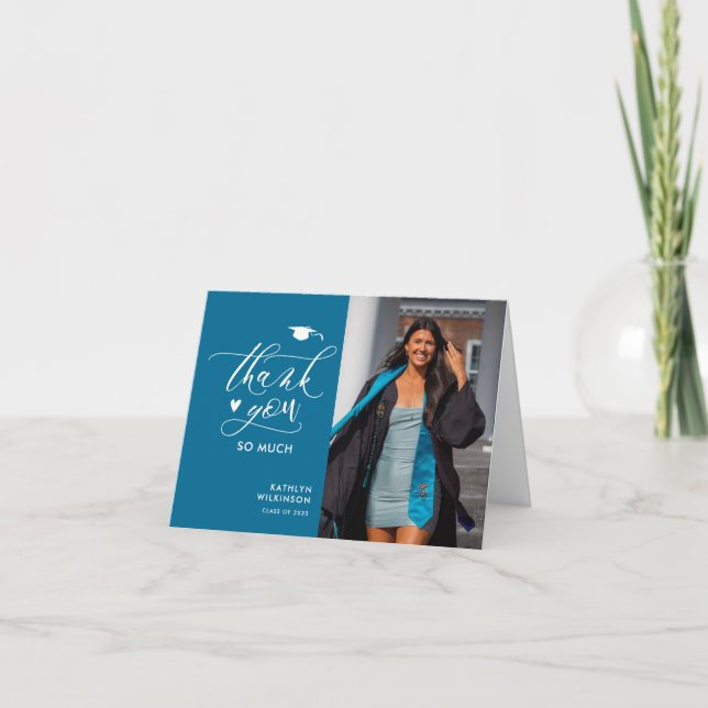 Modern Turquoise Minimalist Photo Graduation Thank You Card (Front)