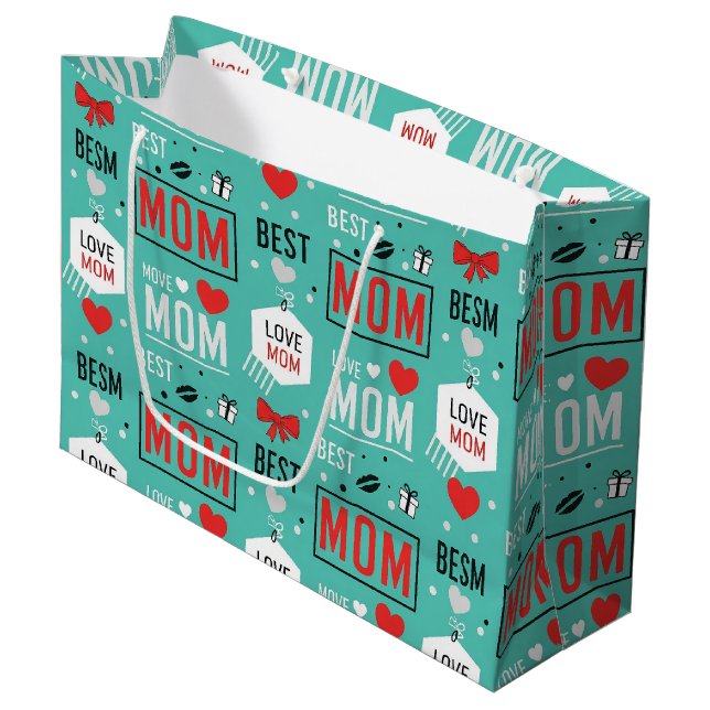 Modern Turquoise MOM Typography Pop Pattern Large Gift Bag (Front Angled)