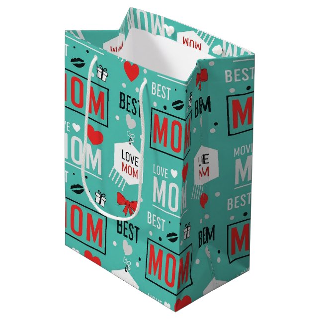 Modern Turquoise MOM Typography Pop Pattern Medium Gift Bag (Front Angled)