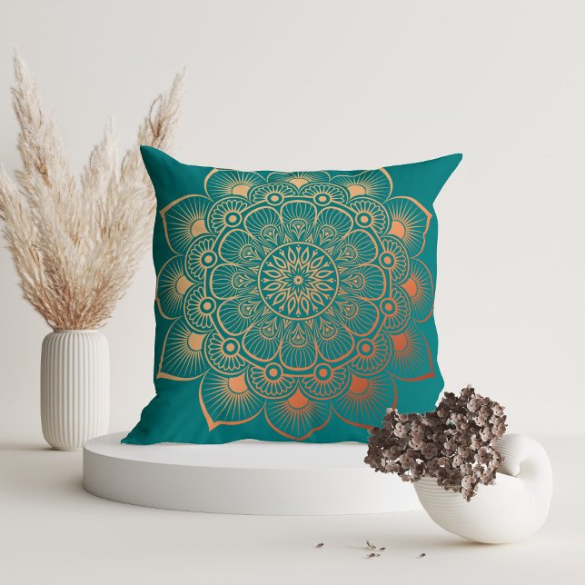 Modern Turquoise Peach Mandala Cushion (Modern Turquoise Peach Mandala Throw Pillow in a white room with dry flowers)