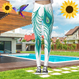 Modern Turquoise Peacock Feathers White Leggings 