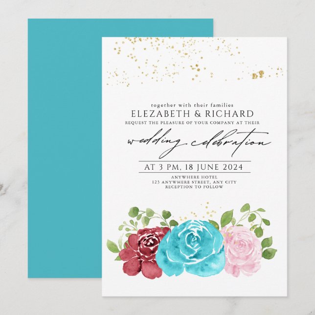 Modern Turquoise  Red Floral Greenery  Wedding  Invitation (Front/Back)
