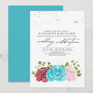 Modern Turquoise Red Floral Greenery Wedding Invitation