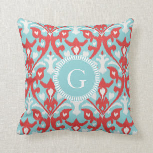Modern turquoise red ikat tribal pattern monogram cushion