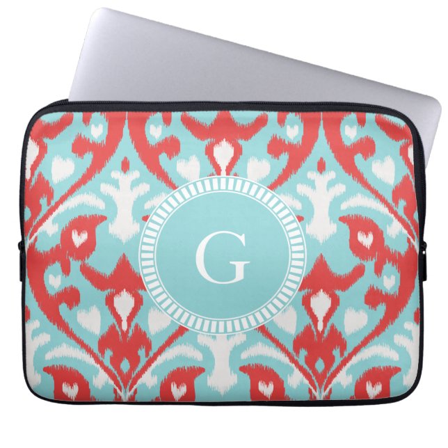 Modern turquoise red ikat tribal pattern monogram laptop sleeve (Front)