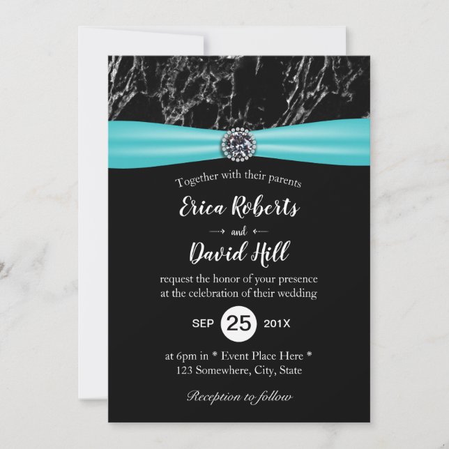 Modern Turquoise Ribbon Black Marble Wedding Invitation (Front)