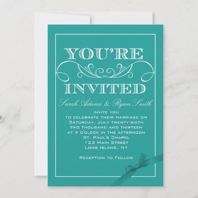 Modern Turquoise Ribbon  Wedding Invitation (Front)