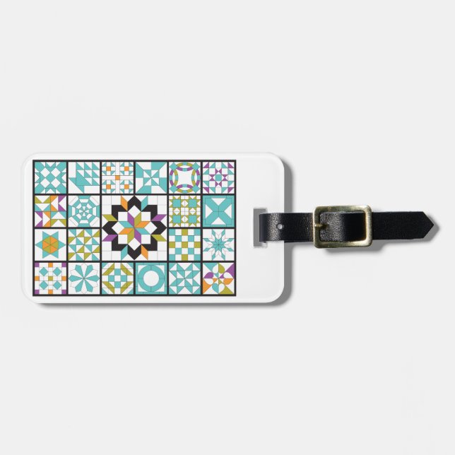 Modern Turquoise Sampler Quilt Luggage Tag (Front Horizontal)