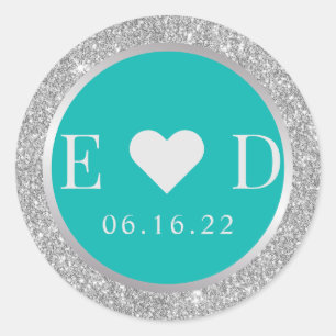 Modern Turquoise & Silver Glitter Monogram Wedding Classic Round Sticker