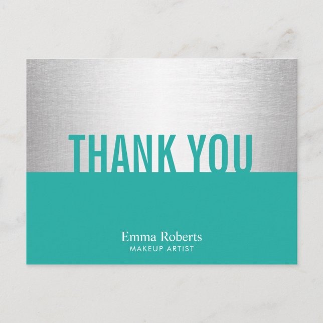 Modern Turquoise & Silver Makeup Artist Thank You Postcard (Front)