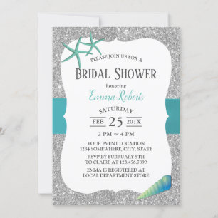Modern Turquoise Starfish Silver Bridal Shower Invitation