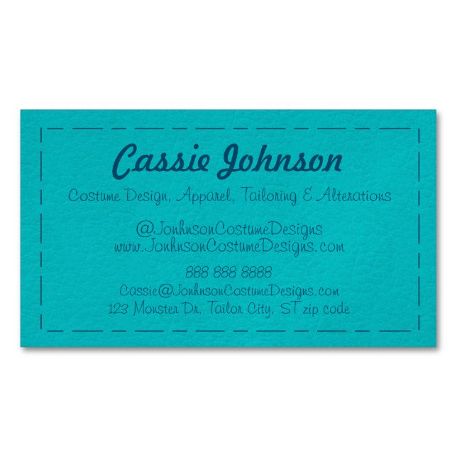 Modern Turquoise Stitched Faux Leather  Magnetic Business Card (Front)