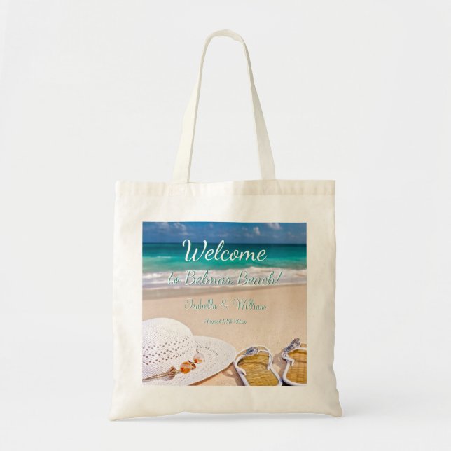 Modern Turquoise Summer Beach Wedding Favour Tote Bag (Front)
