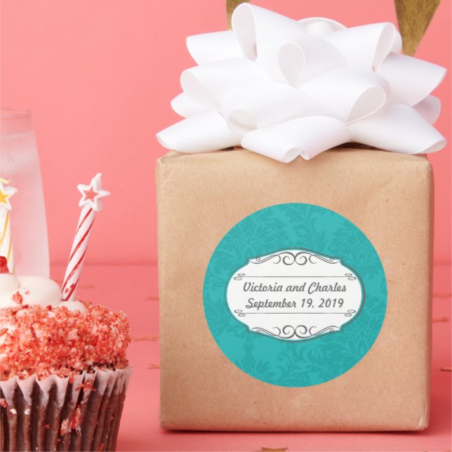 Modern Turquoise  Teal Blue Damask Wedding Classic Round Sticker (Party)