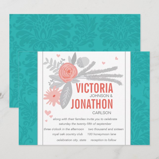 Modern Turquoise Teal Damask Wedding Invitation (Front/Back)