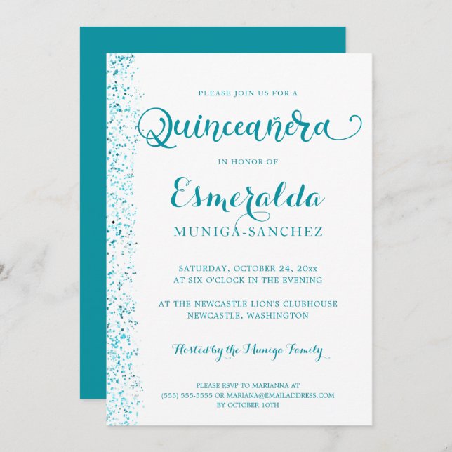 Modern Turquoise Teal Silver Sparkle Quinceanera Invitation (Front/Back)