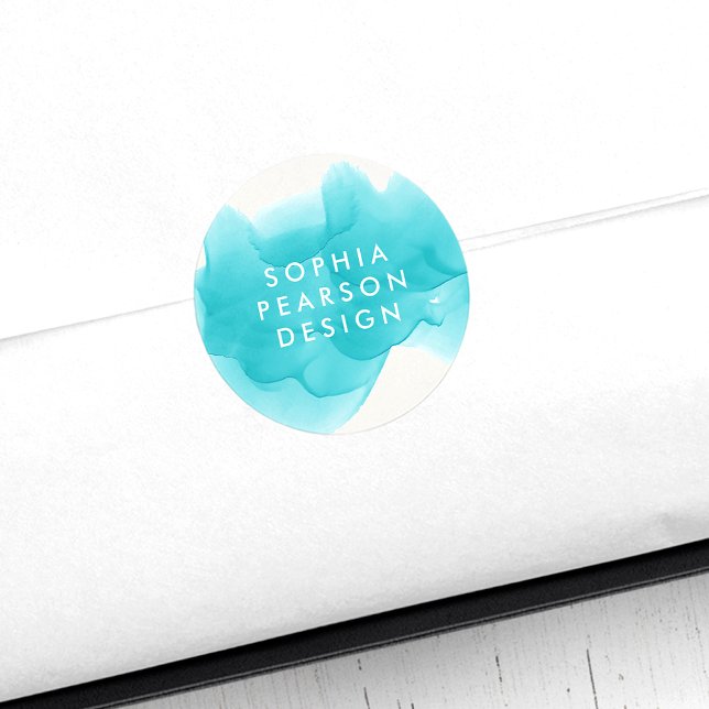Modern Turquoise Watercolor Blot Classic Round Sticker (Creator Uploaded)
