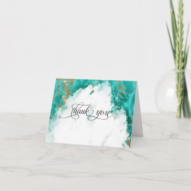 Modern Turquoise Watercolor Marbled BarefootBride™ Thank You Card (Front)
